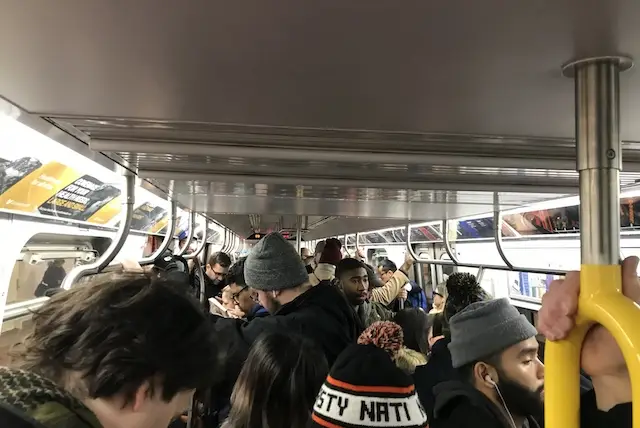 The scene on a stalled M train.